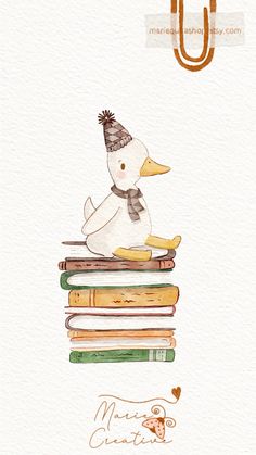 a watercolor painting of a duck sitting on top of a stack of books with an umbrella in the background