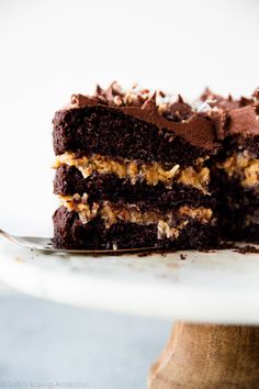 a piece of chocolate cake on a plate with a fork