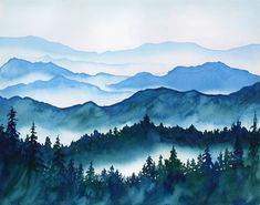 "Misty Blue Mountains" This fine art print is based on my original watercolor landscape painting that features beautiful blue misty mountains and is available with or without birds flying above the valley. This print is perfect for adding the calming beauty of nature to a bedroom or office, great for decorating a lodge or cabin, or as a housewarming gift for any nature lover. - Physical Print Only (Mat & Frames NOT included) In Studio Details: - Small prints are printed in-house my using a professional-grade Canon printer with 9 pigment-based color inks for vibrant, archival gallery-quality prints - Prints are packaged in an eco-friendly certified compostable (commercial) clear plastic sleeve with a backing board for protection and are shipped in a rigid mailer to arrive safely. - Large fo Blue Ridge Watercolor, Misty Mountain Watercolor, Misty Landscape Watercolor, Foggy Forest Painting, Watercolor Art Blue, Forest Valley, Mountains Watercolor, Mountain Watercolor, Mountains Painting