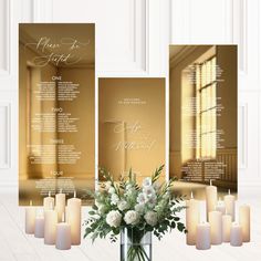 a wedding program with candles and flowers in a vase