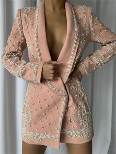 NAUTA Pearls Beaded Blazer Dress – ZCRAVE Beaded Blazer, Tutorials Drawing, Satin Blazer, Feather Dress, Leather Blazer, Accessories Jacket, Blazer Dress, 50's Dress, Beautiful Fashion