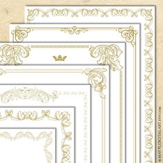 a set of four gold and white frames with ornate designs on the edges, in different sizes