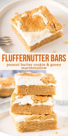 three different views of dessert bars on a white plate with text overlay that reads, fluffy nutter bars w / good marshmallow filling