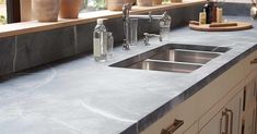 a kitchen counter with two sinks and bottles on the counter top next to pots, utensils and plants