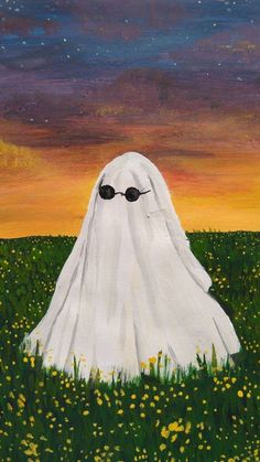 a painting of a white ghost with sunglasses on it's face in the grass