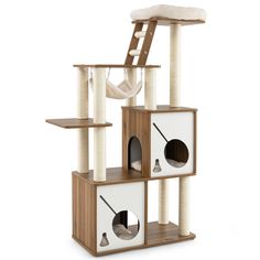 the cat tree is made from wood and white