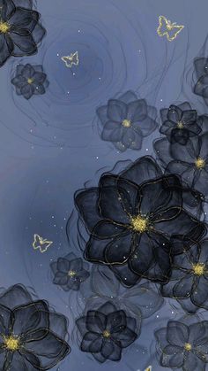 some flowers and butterflies are floating in the water on a blue background with white stars