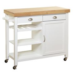 a white kitchen island with wooden top on wheels