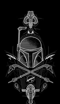 a black and white drawing of a boba fett helmet with two crossed swords