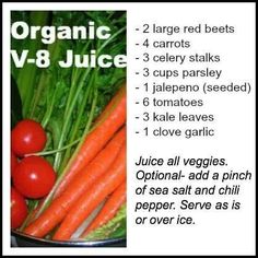 carrots, celery stalks and tomatoes in a bowl with the words organic v - 8 juice