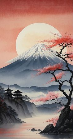 Gunung Fuji, Japanese Background, Zen Painting, Monte Fuji, Japan Landscape, Japan Painting, Japanese Drawings, Japon Illustration, Chinese Landscape