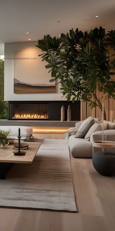 a living room with couches, coffee table and fireplace