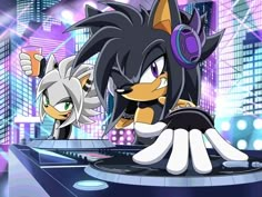 sonic and shadow dancing on stage in front of city lights with headphones hanging from their ears