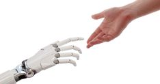 a person reaching out their hand towards a robotic hand