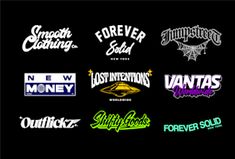 several different logos on a black background