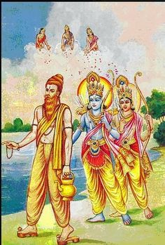 two men in yellow outfits standing next to each other near the water with birds flying above them