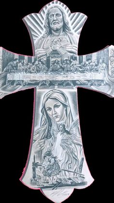 a cross with the image of mary and jesus on it