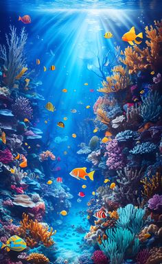 an underwater scene with corals, fish and sunbeams in blue water on a sunny day