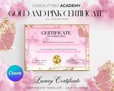 a pink certificate with gold leaves on it and the words, gold and pink certificate