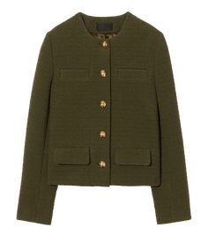 The Paige Jacket in Army Green is a slim and structured bouclé jacket with a cropped, collarless design. Featuring light shoulder pads and bracelet-length sleeves, this jacket also boasts gold signature crest buttons, chest welt pockets, and flap patch pockets. Material: 67% Cotton, 23% Polyamide, 8% Polyester, 2% Other Fiber Made in USA Boucle Jacket, Feature Light, Welt Pockets, Hair Pieces, Welt Pocket, Shoulder Pads, Army Green, Patch Pocket, Length Sleeve