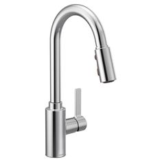 a kitchen faucet with the handle on it's side and nozzle