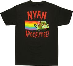 a black shirt with the words nyan acccalypse printed in rainbow colors