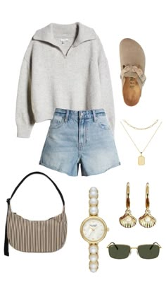 Summer night inspo: collard jumper, jean shorts, Birkenstock clogs, dainty jewelry Outfit Inspo Summer, Late Summer, Mom Outfits, Lookbook Outfits, The Coast, Summer Nights, New Yorker, Classy Outfits, Everyday Outfits