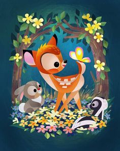 an illustration of a fox and two other animals in the woods with flowers around it