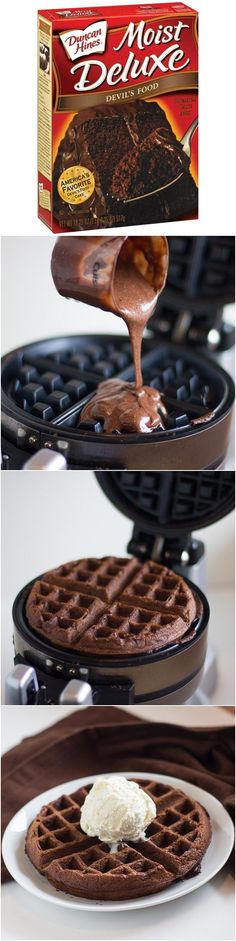 the waffles are being drizzled with icing and chocolate syrup