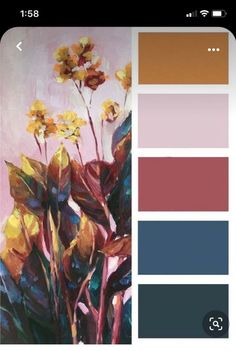 a painting of yellow flowers on a pink background with color swatches for the palette