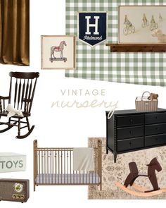 a collage of vintage nursery furniture and decor