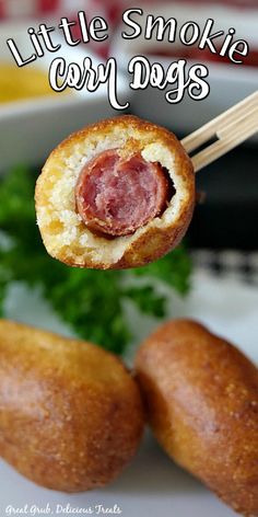 Closeup shot of delicious little smokie corn dog bite with bite taken out with more corn dog bites below on plate. Bite Sized Appetizers, Corn Dog Bites, Corn Dog Batter, Dog Vegetables, Homemade Corndogs, Little Smokies, Corndog Recipe, Mini Corn Dogs, Bite Size Appetizers