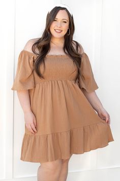 Chic Soul plus size clothing, mocha brown off the shoulder short sleeve dress with ruched chest and flutter bottom Chic Brown Dress With Square Neckline, Chic Brown Square Neck Dress, Brown Square Neck Dress For Date Night, Brown Square Neck Mini Dress For Brunch, Brown Off-shoulder Mini Dress For Date Night, Brown Square Neck Dress For Spring, Spring Brown Square Neck Dress, Spring Mini Dress With Square Neck In Brown, Brown Square Neck Mini Dress For Spring