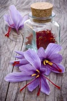 purple flowers in a glass jar on a wooden table next to some red dyes