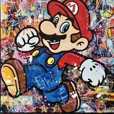 a painting of mario running in front of graffiti