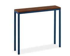 a wooden table with metal legs and a blue frame on the top, against a white background