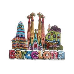 the word barcelona spelled out in front of some colorful buildings and trees on a white background