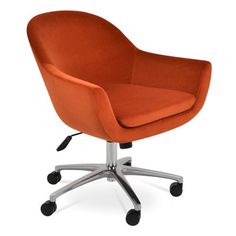 an orange office chair sitting on top of a metal base