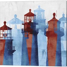 an abstract painting of lighthouses in blue and red