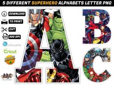 the letters are made up of superhero characters