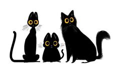 three black cats sitting next to each other on a white background, with yellow eyes