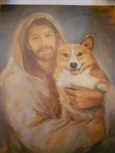 a painting of jesus holding a corgi dog