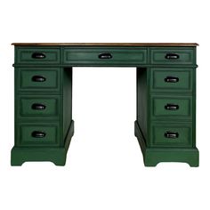 a green desk with drawers on it