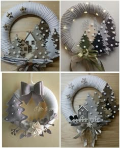 four different wreaths with christmas decorations hanging on the front and side of each one