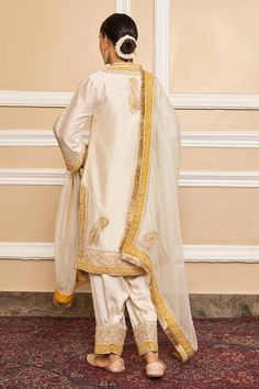 Buy Sheetal Batra Ivory Pure Silk Chanderi Embroidered A-line Kurta Set Online | Aza Fashions Sheetal Batra, Satin Salwar, Applique Kurta, Satin Dupatta, Tilla Embroidery, Salwar Pattern, Ankle Jewelry, A Line Kurta, Afghan Dresses