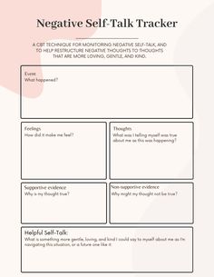 This negative self-talk tracker is adapted from the CBT exercise of creating a thought record, and challenging thoughts. When working with the inner critic, it can be imperative to challenge, and restructure the thoughts that the inner critic part of you has you believing. This activity helps you identify negative thoughts, challenge them, and create more adaptive, loving, gentle, and kind thoughts to replace your negative thinking patterns with over time. Negative Self Talk Worksheet, Inner Critic Worksheet, Negative Self Talk Activities, Negative Thoughts Worksheet, Cbt Exercises, Challenging Thoughts, Thought Record, Study Skills Worksheets