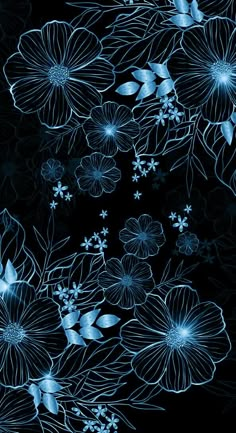 blue flowers are on a black background