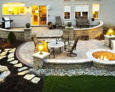 an outdoor patio with fire pit and seating area