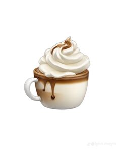 a coffee cup with whipped cream and chocolate syrup on it's rim is shown