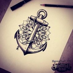 a drawing of an anchor with flowers on it